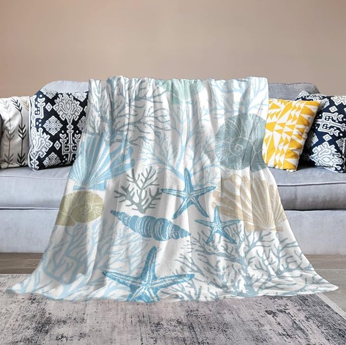 Starfish Seashell Throw Blanket for Teens Boys Girls and Adults Soft Warm Cozy Funny Midweight Food Flannel Blankets for Couch Sofa Bed Camping Travel Home Decor 50" X 60"