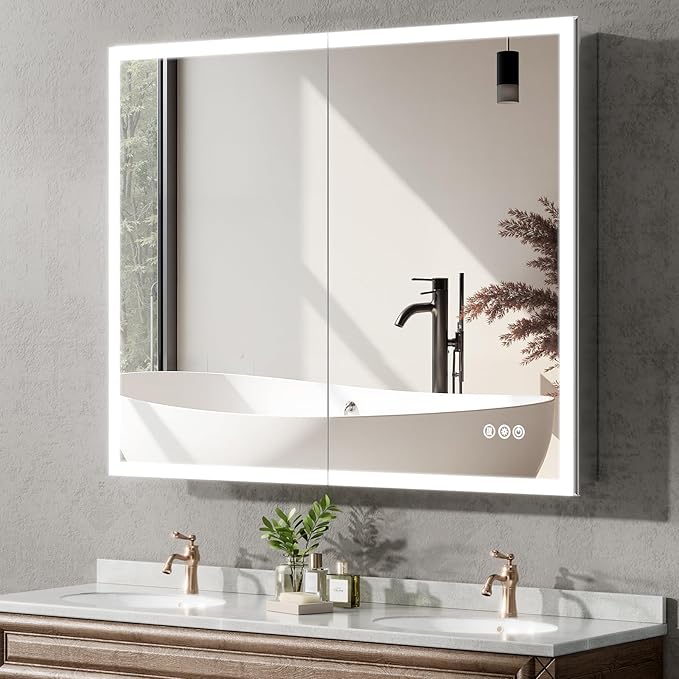 40"x32" Medicine Cabinet Mirror, LED Lighted Medicine Cabinet with Electrical Outlet&USB, Anti-Fog, 3 Colors Temperature Stepless Dimmable, Aluminum Cabinet for Storage and Mordern Decor
