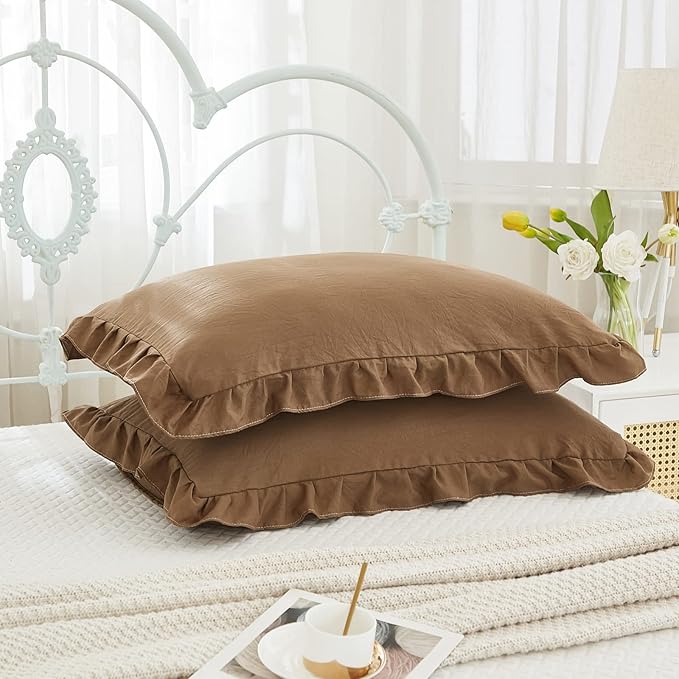 Merryword Brown Ruffle Standard Pillow Shams 20x26inch - Cute Coffee Pillowcases Set of 2 - Shabby Chic Soft Cover 2 Pack