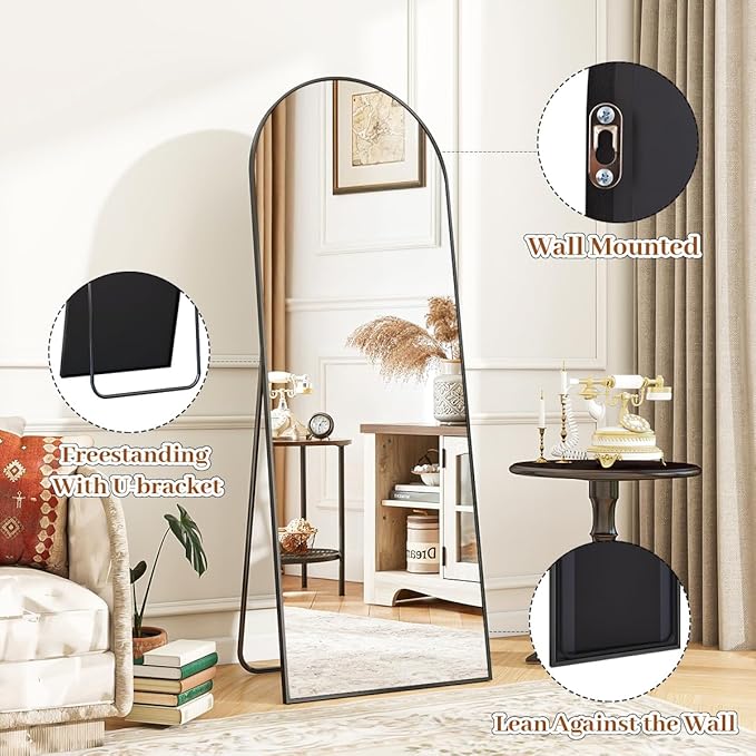 21 x 64 inch Arched Full Length Mirror, Black Arch Floor Mirror Full Length with Stand, Full Body Standing Mirror for Living Room, Bedroom, Hanging or Leaning Against The Wall