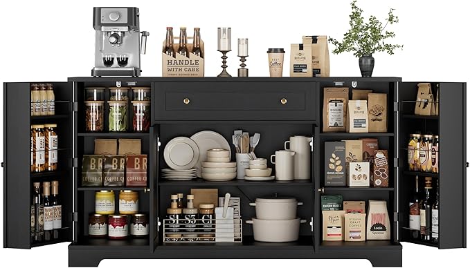HITHOS 54" Buffet Cabinet with Storage, Modern Kitchen Buffet Sideboard with Drawer, Wood Coffee Bar with Adjustable Shelves, Kitchen Storage Cabinet for Living Room, Black