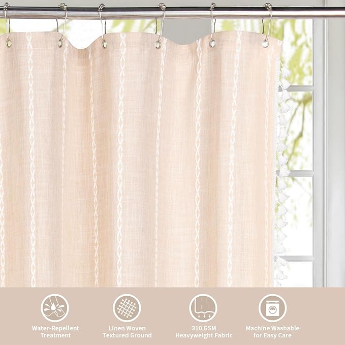 MitoVilla Beige Boho Small Stall Fabric Shower Curtain 36 x 72, Cream Half Size Narrow Polyester Linen Tassel Cloth Shower Curtains for Chic Modern Farmhouse Country Bathroom Decor