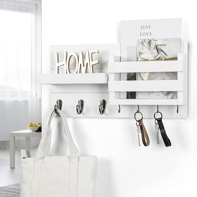 Mail Organizer for Wall Mount – Key Holder with Shelf Includes Letter Holder and Hooks for Coats, Dog Leashes – Rustic Wood with Flush Mounting Hardware (16.5” x 8.7” x 3.5”)