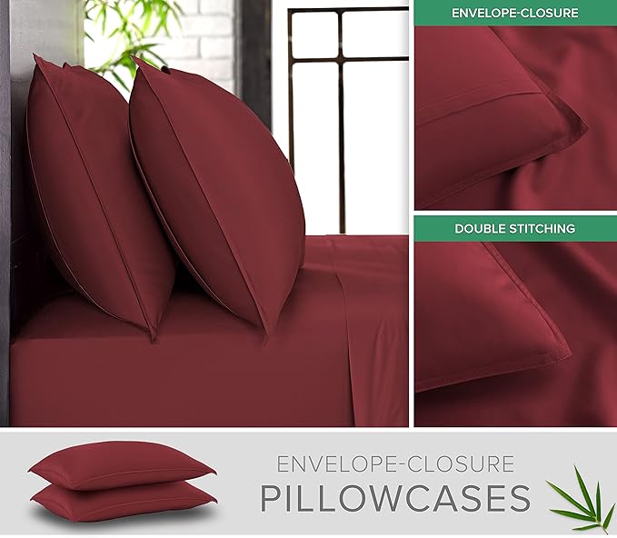 Split King Sheets by Pure Bamboo, Genuine 100% Organic Viscose Derived from Bamboo Bed Sheet Set, Soft & Cooling, Double Stitching *Not for Split Top (Split King, Merlot)