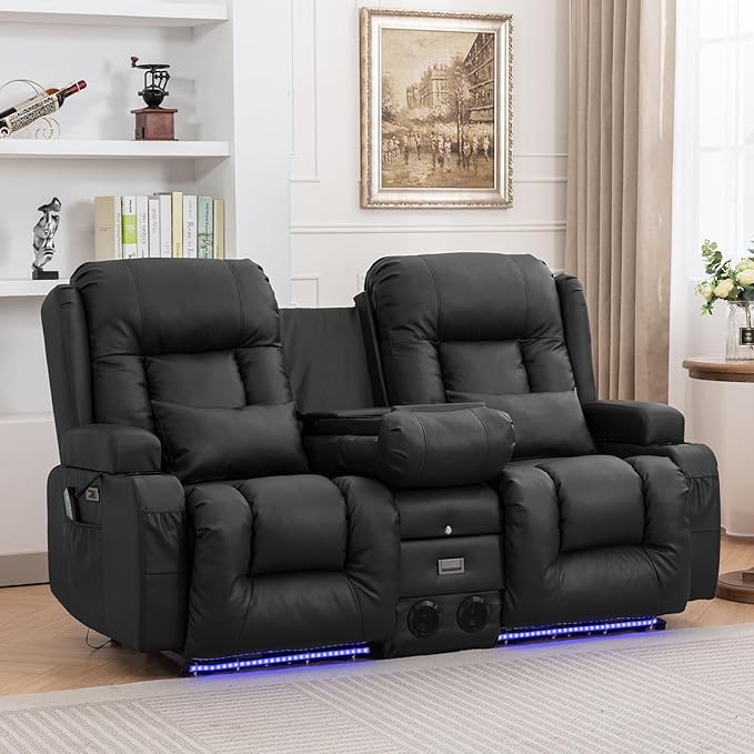 IPKIG 67" Power Reclining Loveseat Sofa, Electric Home Theater Seating with Console/4 Colors Ambient Lighting/Bluetooth Speakers/USB Ports/Built-in Outlets (Black, Loveseat Recliner)