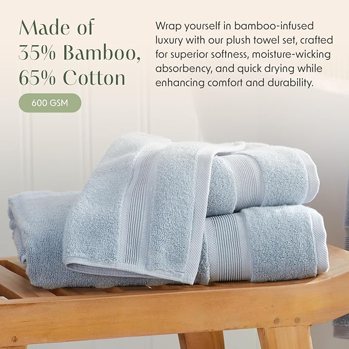 Springtree Home Luxury Bamboo Rayon Bath Towel Set 6 Piece Set | 35% Bamboo Rayon - 65% Cotton | Absorbent Quick-Dry Towels for Bathroom | Oeko-TEX Standard 100 Cotton | Blue Fog