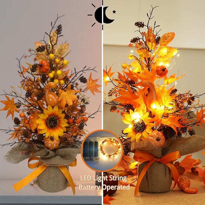 18 Inch Fall Table Tree, LED Lighted Fall Tree with Sunflowers Maple Leaf Pumpkin,Artificial Fall Tree for Autumn Harvest Thanksgiving Home Decor