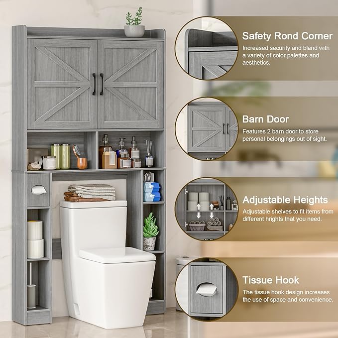 Over The Toilet Storage Cabinet, Farmhouse Toilet Cabinet Rack with Barn Doors, Space Saving Bathroom Organizer with Shelves, Toilet Paper Holder and Towel Rack for Bathroom,Restroom,Laundry,Wash Grey