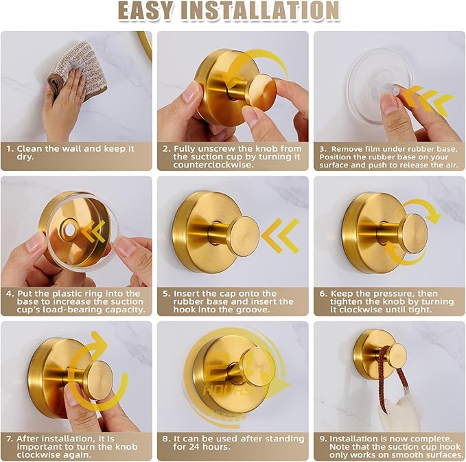Suction Cup Hooks for Shower No-Drill Bathroom Hooks for Towels, Robes, Loofah Mountable on Bathroom Walls, Kitchen, Glass, Mirrors, Tile and Smooth,Non-Porous Surfaces (2 Pack, Brushed Gold)