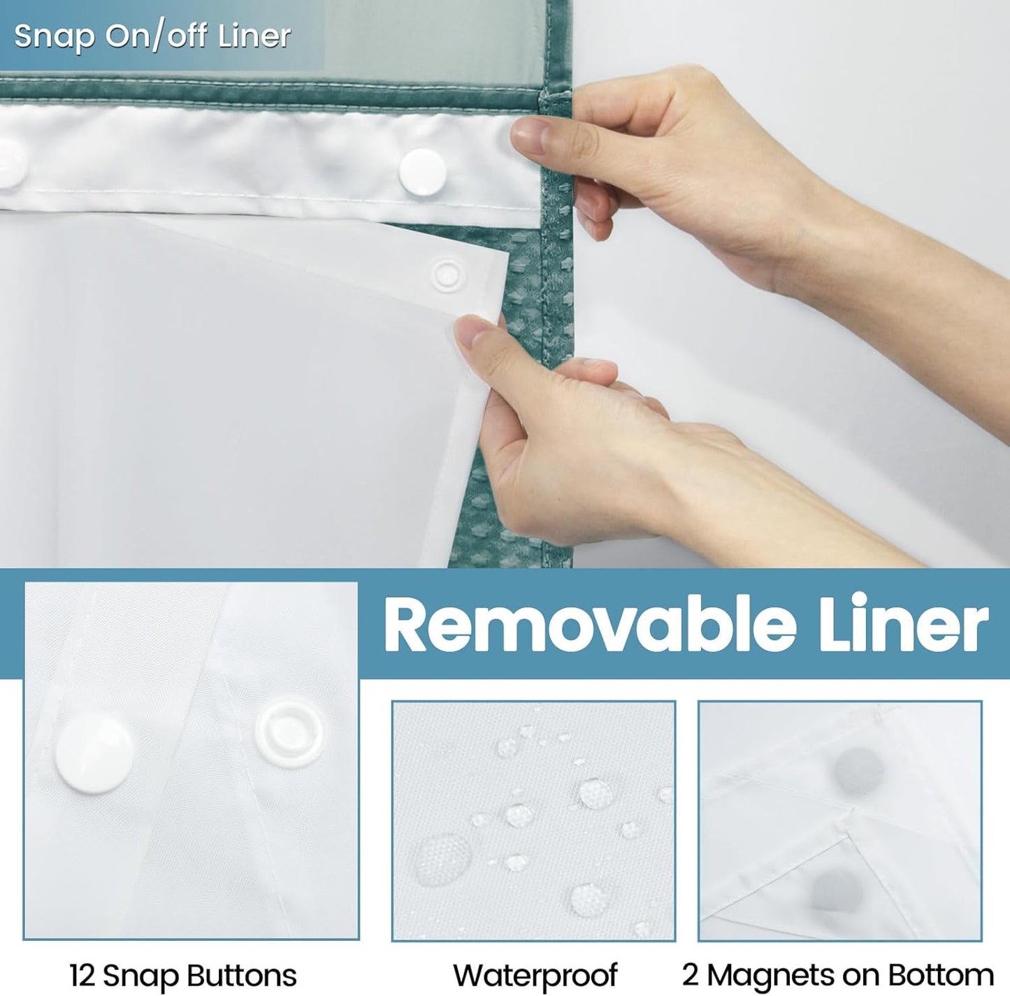 Seaweed Green Long No Hook Shower Curtain with Snap in Liner,230GSM Waffle Weave Shower Curtains for Bathroom,71W x 86H