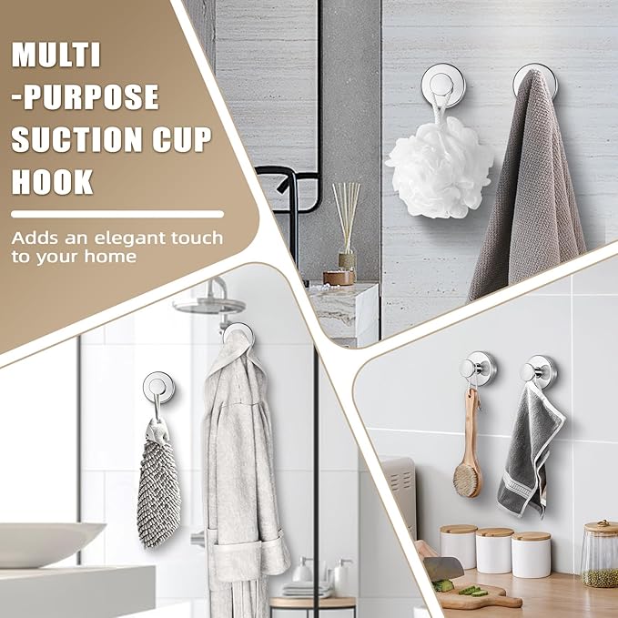 Suction Cup Hooks for Shower No-Drill Bathroom Hooks for Towels, Robes, Loofah Mountable on Bathroom Walls, Kitchen, Glass, Mirrors,Tile,Smooth Non-Porous Surfaces,Removable,4pcs,Chrome Polished