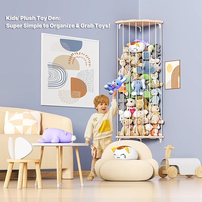 Stuffed Animal Storage & Toy Storage Organizer – Wooden Corner Hammock Shelf for Stuffed Animal Hammock Corner, Nursery, Playroom, Bedroom. Versatile Toy Organizer with Zoo Pattern