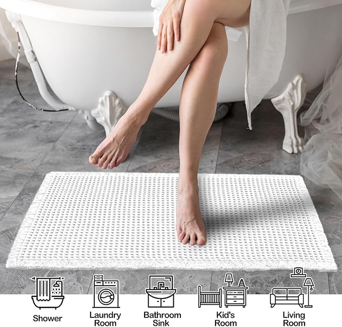 ZALL Waffle Bath Mat White Super Absorbent Non Slip Bathroom Rug 24X72inch,Machine Washable Ultra Soft Floor Mats