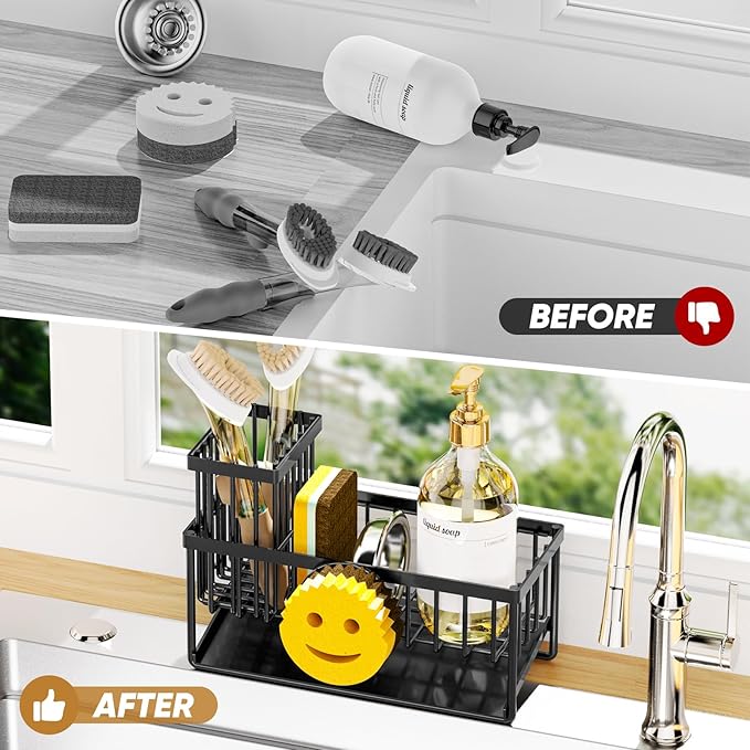 Sponge Holder for Kitchen Sink,Smiley Face Sink Caddy with Removable Brush Holder,Self-Draining Sponge Caddy for Soap,Dish Brush,Scrubber,Kitchen Essentials and Gadgets