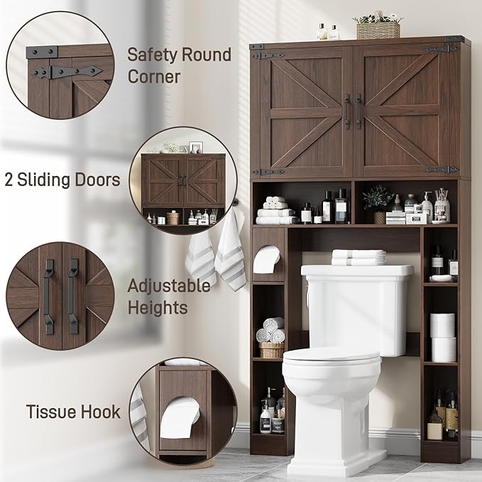Over The Toilet Storage Cabinet, Farmhouse Storage Cabinet Over Toilet with 2 Barn Doors ,Toilet Paper Holder Stand,Home Space-Saving Toilet Rack, for Laundry, Restroom, Bathroom.Espresso