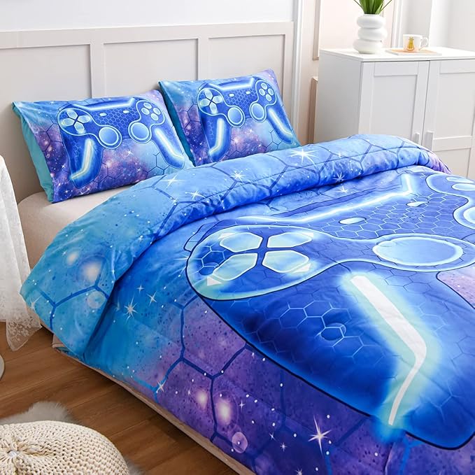 NTBED Game Console Comforter Set for Boys Girls Kids 3D Gaming Geometric Lightweight Microfiber Bedding Sets (Blue Purple, Twin)