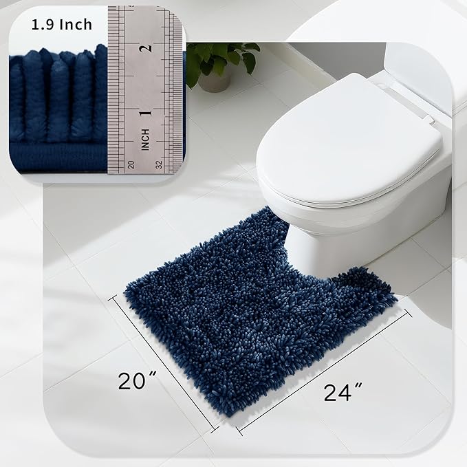 Yimobra Toilet Rugs U Shaped Washable, Extra Thick Soft Absorbent Chenille Contour Bathroom Rugs for Toilet 24x20 Inch, Quick Dry Non Slip Toilet Mat for Bath Floor, Navy Blue