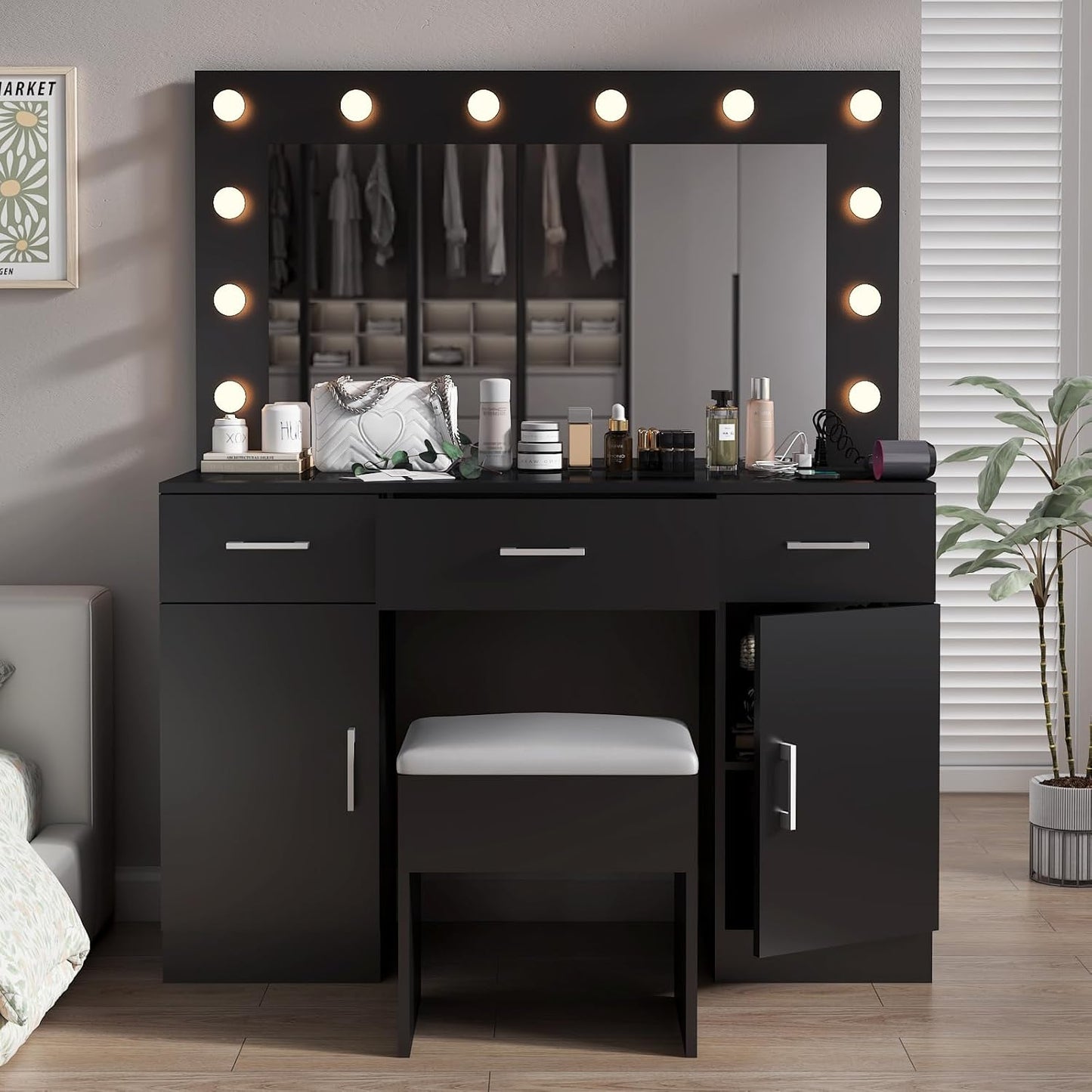 Karl home Vanity Desk with Large Lighted Mirror & Powre Outlet, Glass Tabletop Makeup Vanity Set with 3 Drawers & 2 Cabinet, 45.3" Make up Dressing Table with 12 Lights for Bedroom, Black