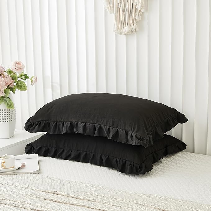 Merryword Black Pillow Shams Standard Pillowcases 20x26inch Black Ruffle Cute Pillow Cover Set of 2 Shabby Chic Soft Microfiber Pillowcases
