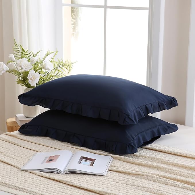 Merryword Navy Pillow Shams Navy Blue Ruffle Standard Pillowcases Cute Pillow Cover Set of 2 Shabby Chic Soft Microfiber Pillowcases 2 Pack