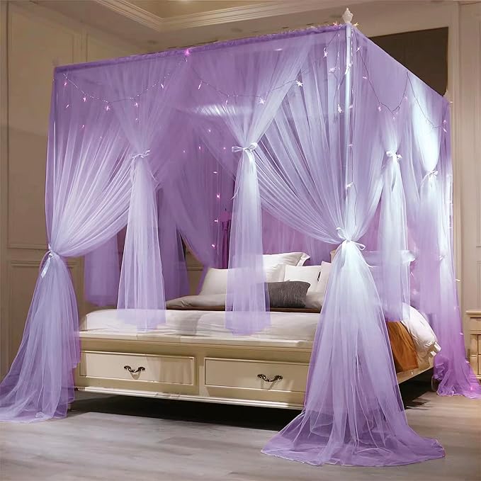 VETHIN 4 Corners Post Princess Bed Canopy Curtain Double Layer Cozy Drape Netting 4 Opening Mosquito Net for Girls & Adults Bedroom Decoration Accessories (Double Purple,64" W*82" L*82"*H/(Queen))