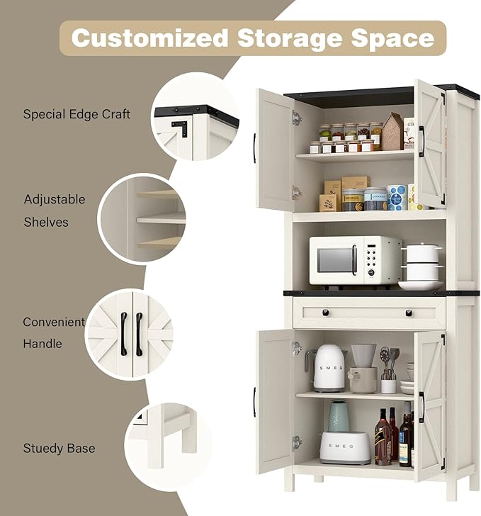 72" H Tall Farmhouse Storage Cabinet with Drawer, 6 Tier Kitchen Pantry Organize with 4 Barn Door and Adjustable Shelf, Microwave Stand for Kitchen, Garage, Living, Utility Room, Black