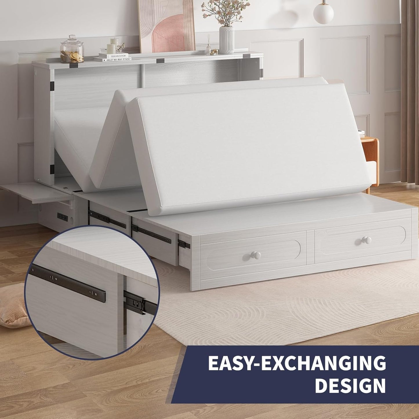 ijuicy Murphy Bed Queen Size with Foam Mattress, Side Storage Board, Cabinet Bed with Charging Station Large Storage Drawer for Space-Saving Room, Foldable Hideaway-White