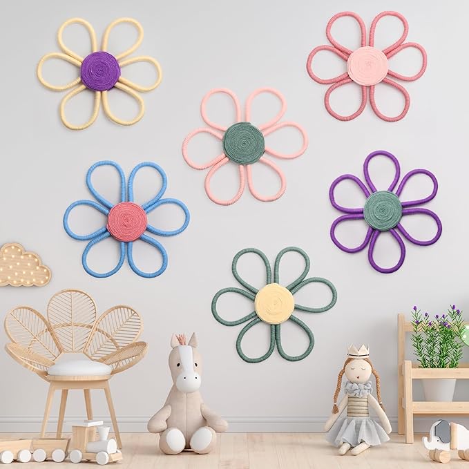 Peryiter 6 Set 10 Inch Boho Nursery Decor Woven Daisy Flower Macrame Wall Hanging for Baby Girls Nursery Home Bedroom Dorm Decor (Multicolor)