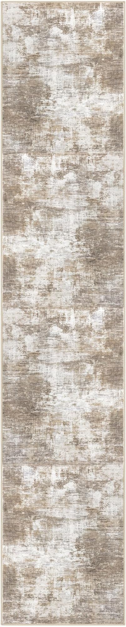 IOHOUZE Abstract Runner Rug 2x10 Ft Washable Runners for Hallways, Non Slip Kitchen Runner Printed Faux Wool Entryway Runner Indoor, Modern Abstract Floor Carpet for Hall Kitchen, Beige Brown