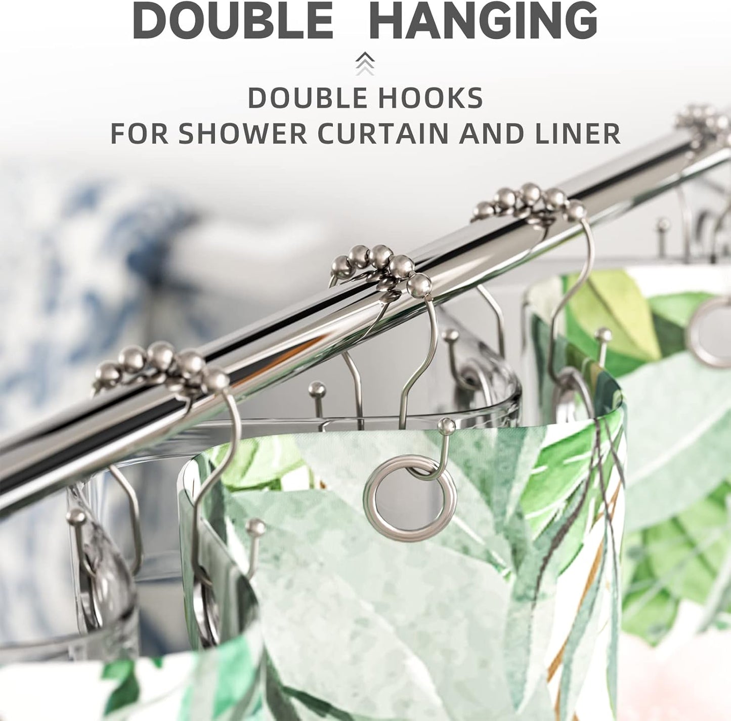 Shower Curtain Hooks Brushed Nickel Shower Curtain Rings Rust Proof, Bathway Balanced Smooth Glide Double Shower Curtain Hooks, Sturdy Shower Hooks for Shower Curtain 12 Pcs Shower Rod Hooks