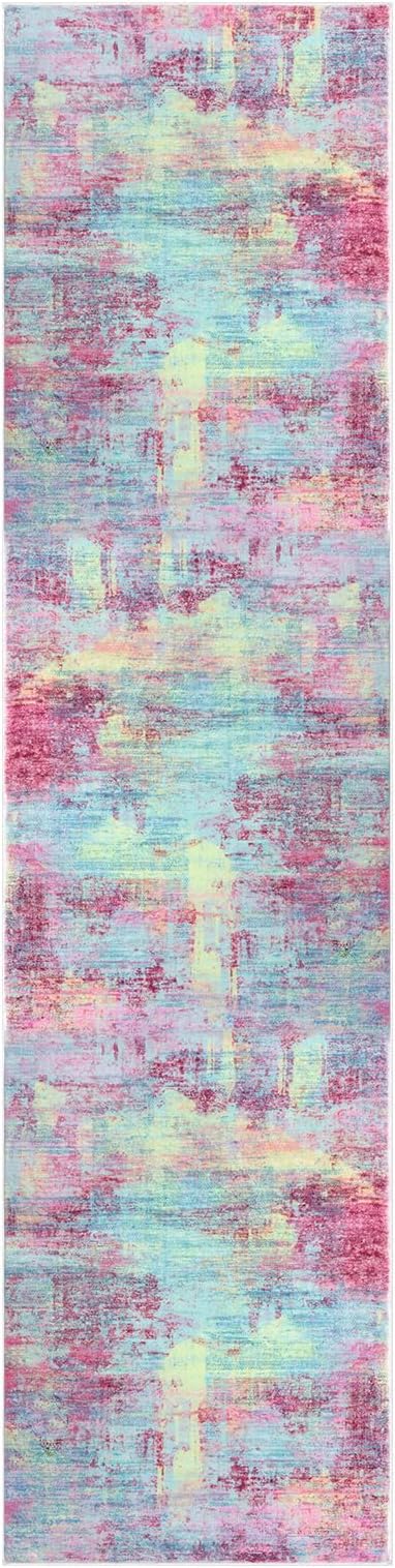 IOHOUZE Abstract Runner Rug 2x8 Ft Washable Runners for Hallways, Non Slip Kitchen Runner Printed Faux Wool Entryway Runner Indoor, Modern Abstract Floor Carpet for Hall Kitchen Bedroom, Pink Teal