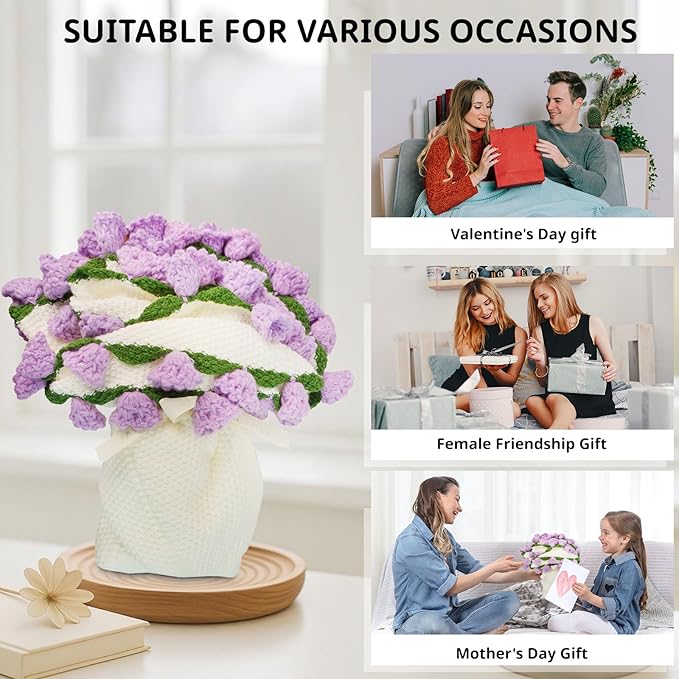 Handmade Crochet Flower Bouquet Blanket - Soft Lightweight Knit Throw for Birthday Wedding Valentines, Ready-to-Use Home Decor Gift (Purple, 43in)