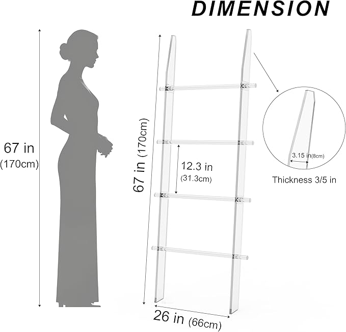 67 in Blanket Ladders, 4 Tier Modern Decor Waterproof Towel Rack for Bathroom, Living Room and Bedroom, Easy Assembly Transparent Blanket Holder, Leaning Quilt Ladder with Anti Slip Pads