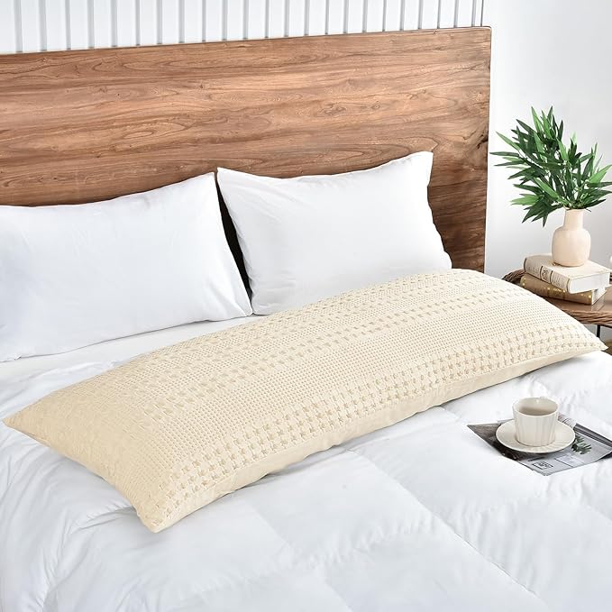 PHF Waffle Weave Body Pillowcase with Zipper, 1 Pack 100% Cotton 20" x 54" Pillow Sham, No Insert, Soft & Breathable Pillow Case, Aesthetic Woven Body Pillow Cover for Bedroom Decor, Undyed