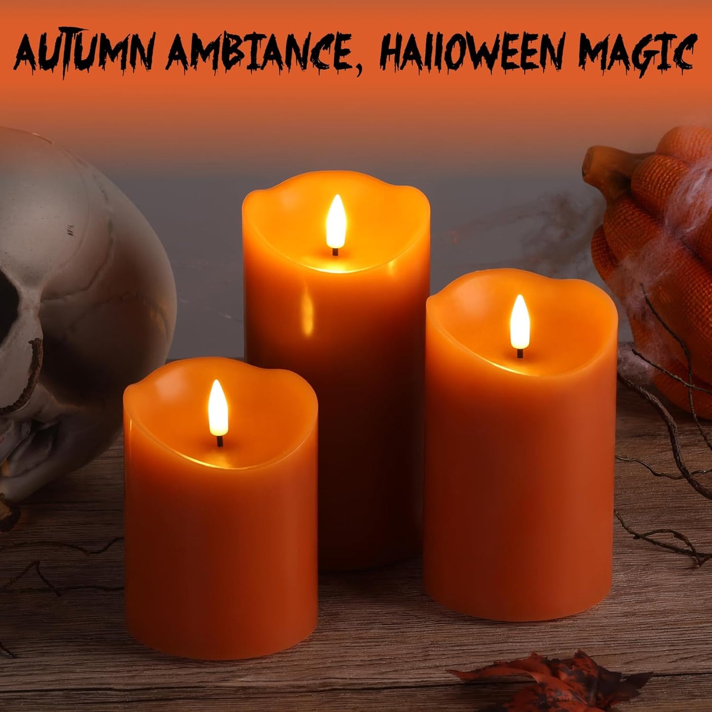 Eywamage Orange Flameless Pillar Candles with Remote, Halloween Fall LED Candles Battery Operated Real Wax, Set of 3