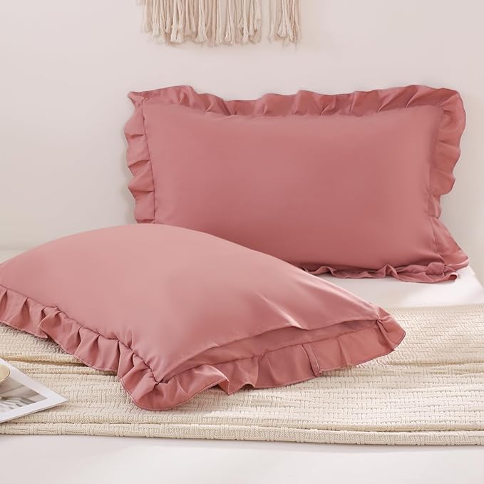 Pink Mocha Pillowcases King Pillowcases Ruffled Pillow Shams Set of 2 Cute Pillowcases Solid Ruffled Fringe Design Pink Shabby Chic Pillowcases 2 Pack (King (20''x36''), Pink Mocha)