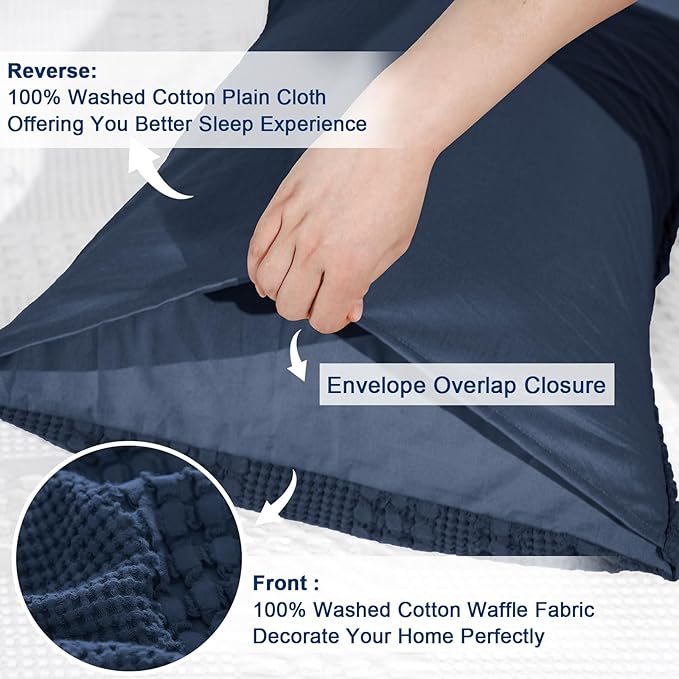 PHF 100% Cotton Waffle Pillow Shams Standard Size, 2 Pack 20" x 26" Soft Skin-Friendly Pillowcases, No Filling, Aesthetic Woven and Breathable Waffle Weave Pillow Case Covers for Bed, Bright Navy Blue