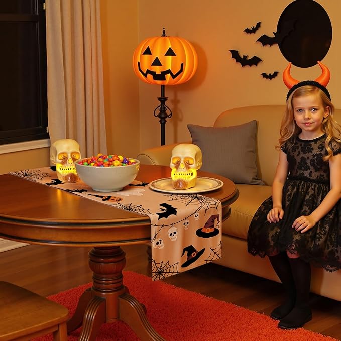 Halloween Table Runner with Ghosts, Bats, Pumpkins & Spooky Motifs, Table Decoration for Dining Party and Home Decor,96x13 inches