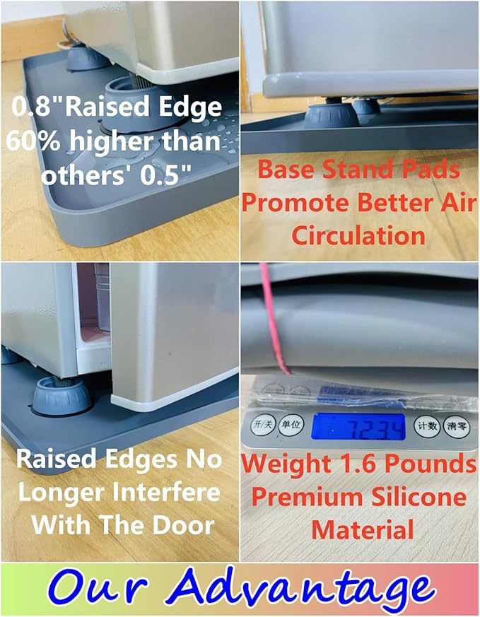 Mini Fridge Silicone Mat with Raised Edges, 24" x 24" x 0.8" Mini Fridge Drip Tray With 4 Base Raisers, Mini Refrigerator Carpets Floor Protector (Black)