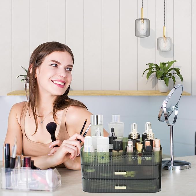 Makeup Organizer with 2 Drawers, Cosmetics Organizer for Bedroom and Bathroom Vanity Countertops, Large Capacity Cosmetic Storage Box for Skincare Cream Perfume Lipstick Dresser Counter-Green
