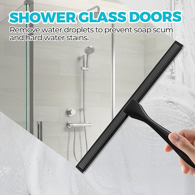 2PACK 12-Inch All-Purpose Shower Squeegee for Shower Doors, Bath Linen Sets, Tile Shower Walls, Bathroom, Window, Glass and Car Windshield, Mirrors and Kitchen-Stainless Steel, Black