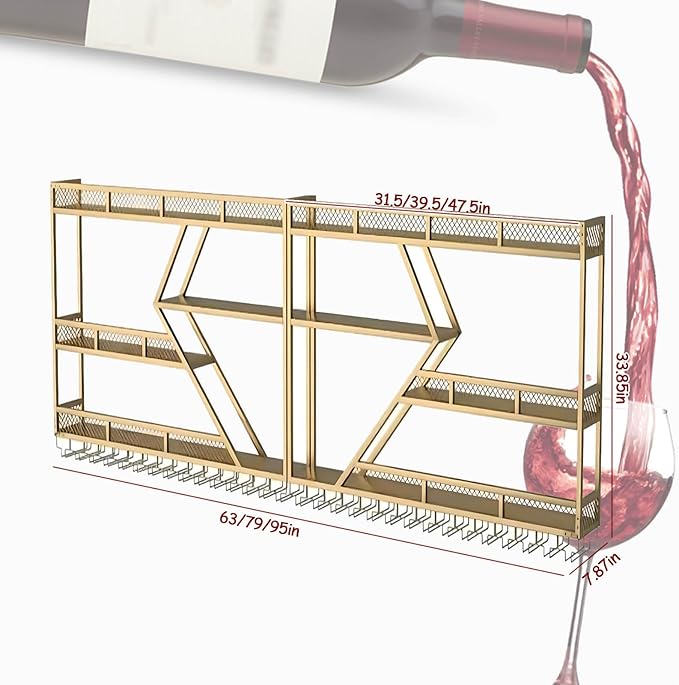 Wall Mounted Wine Rack, Large Metal Wine Bottle Holder, Modern Fashion Diamond Shaped Floating Bar Unit Wine Storage Shelves, for Home Restaurant Bars Decor (Gold, 3 Tier - 63in)