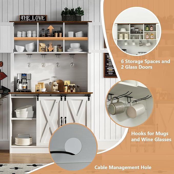 4ever2buy Farmhouse Coffee Bar Cabinet with Sliding Barn Doors, 72'' Hutch Cabinet with Storage, White Bar Cabinet with Glass Doors and Wine Rack, Tall Wine Bar for Living Dining Room