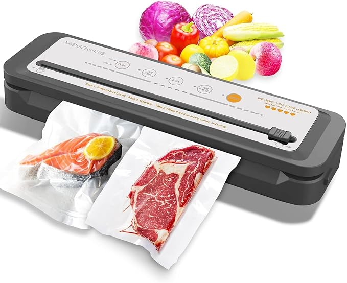 MEGAWISE Vacuum Sealer Machine, Portable Strong Suction Power Food Sealer, Bags and Cutter included with External Vacuum Function, Freshness Saver(Silver)