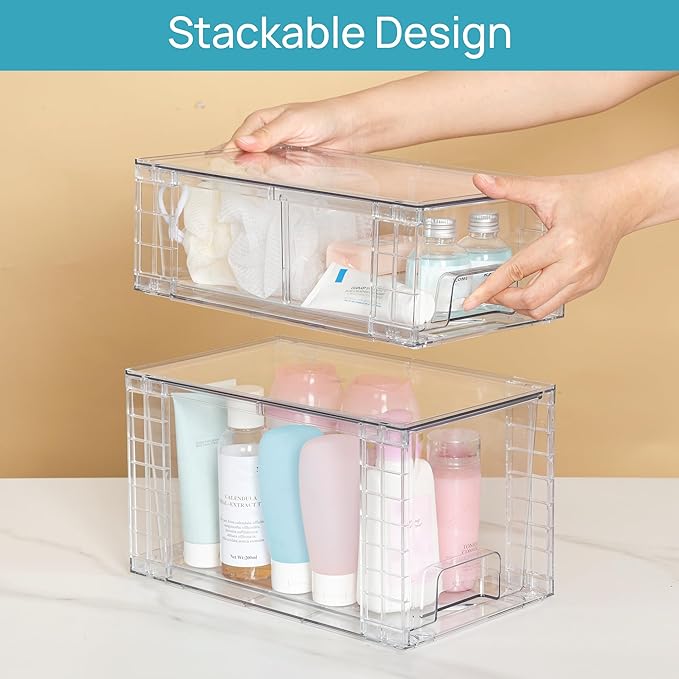 Vtopmart 6 Pack Clear Stackable Storage Drawers,Easy to Assemble Bathroom Organizers and Storage with handles,Plastic Drawers for Kitchen Pantry,Cabinet,Under Sink Organization