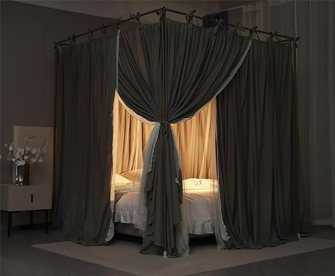 4 Corners Post Princess Curtain Bed Canopy Double Layer Cozy Mosquito Net Mesh and Cloth for Girls Adults Bedroom Decoration (Double-Grey/White, 78" W*86" L*82"*H/(King))