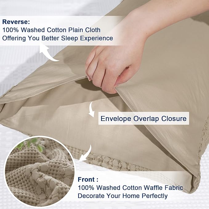 PHF 100% Cotton Waffle Pillow Shams Queen Size, 2 Pack 20" x 30" Soft Skin-Friendly Pillowcases, No Filling, Aesthetic Woven and Breathable Waffle Weave Pillow Case Covers for Bed, Simply Taupe