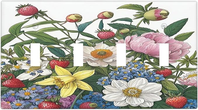 Spring Watercolor Flower Plant Strawberry Peony Floral Light Switch Covers Quad Toggle 4 Gang Wall Plate Decorative Switch Plates Electrical Faceplate for Bedroom living Room Decor