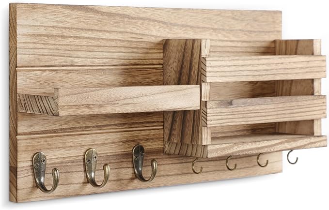 Mail Organizer for Wall Mount – Key Holder with Shelf Includes Letter Holder and Hooks for Coats, Dog Leashes – Rustic Wood with Flush Mounting Hardware (16.5” x 8.7” x 3.5”) (Wood)