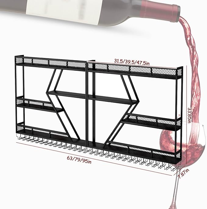 63in Wall Mounted Wine Rack, Large Metal Wine Bottle Holder,3 Tier Modern Fashion Diamond Shaped Floating Bar Unit Wine Storage Shelves, for Home Restaurant Bars Decor (Black, 3 Tier - 63in)